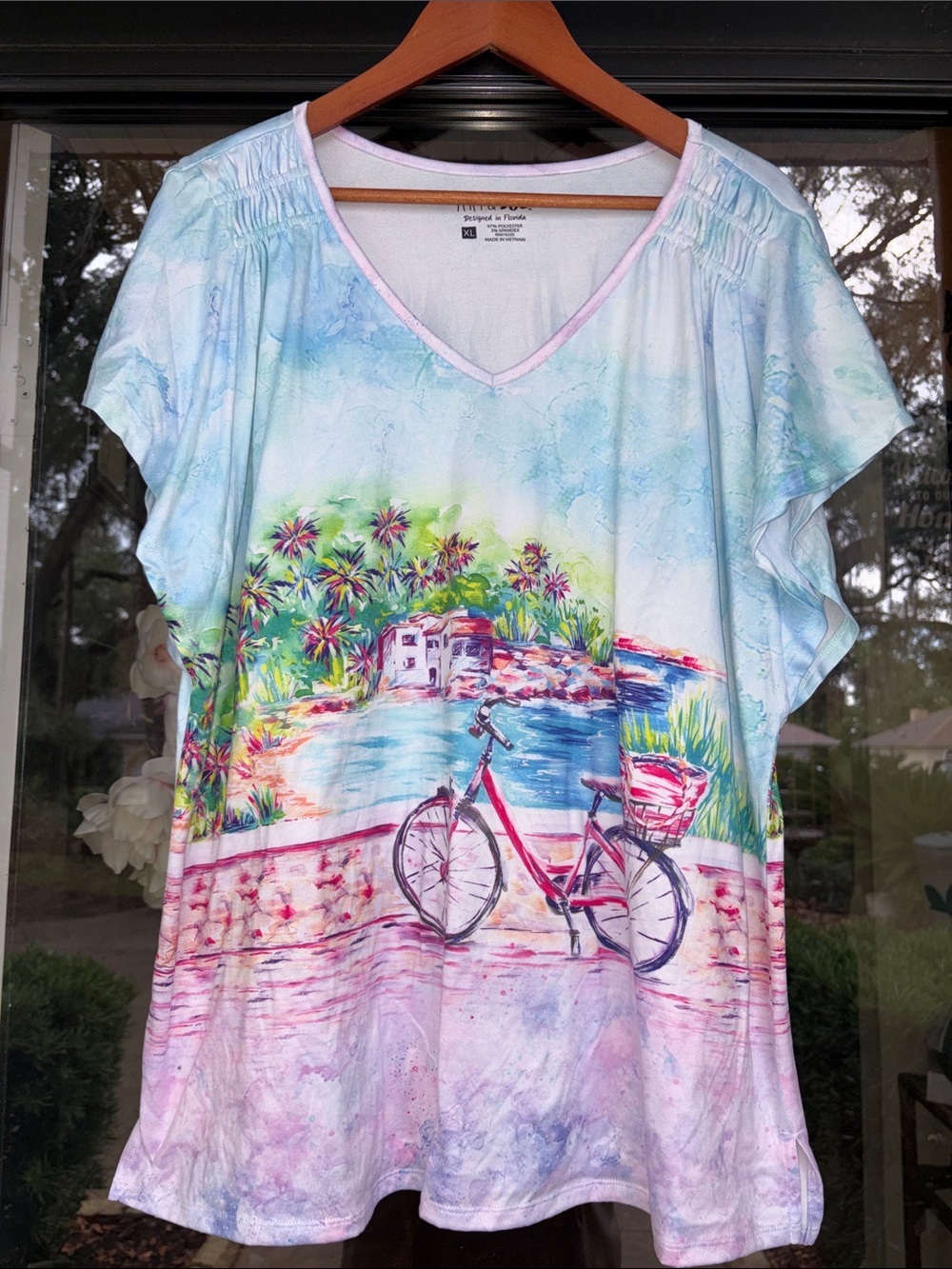 Art & Sol Florida Tropical Pastel Beach Scene V-Neck Top with Bicycle Print